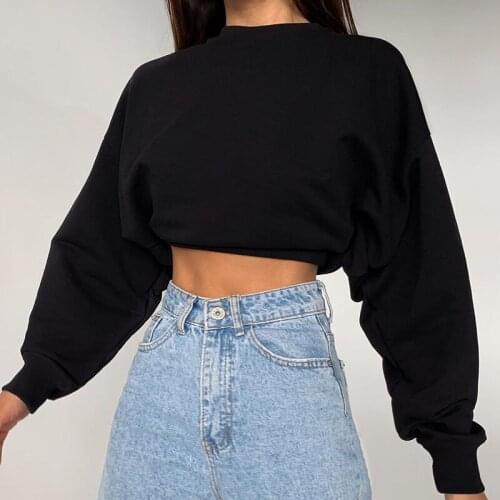 Fashion Women Solid Color Loose Sweathirts Pullover Tops Long Sleeve Round Collar Crop Tops Ladies Plain Sweet Sweatshirts