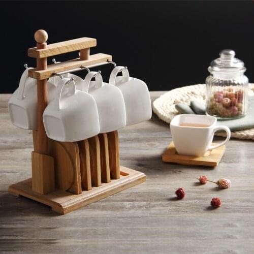 Coffee cup and saucer set wood rack brief white afternoon tea cup and saucer home ceramic coffee and tea WF1030155