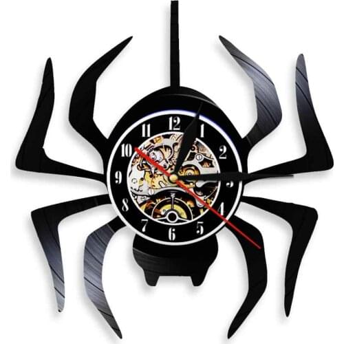 Halloween Spider Night Lamp Black Widow Spider Silhouette LED Wall Light Mute Watch Araneid Vinyl Record Wall Clock Home Decor