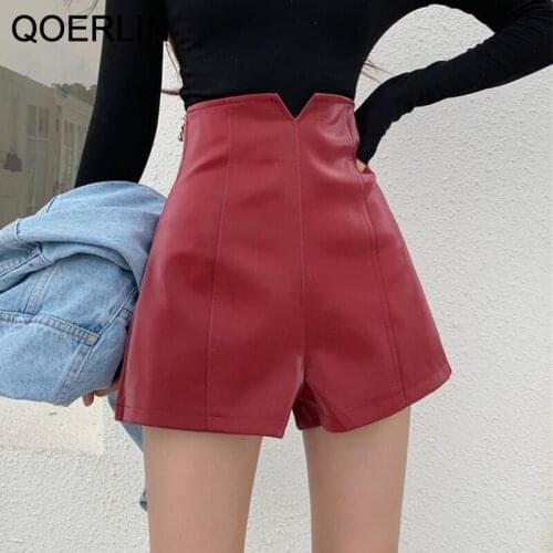 QOERLIN PU Leather Skirts Women Summer Fashion High Waist Slim Side Zipper Fly Wide Leg Straight Shorts Girls Black Shorts S-L