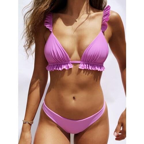 Sexy Solid White Ruffled Bikini Brazilian Halter Bathing Suit Biquini Pleat Strap Vintage Push Up Thong Swimwear Banadores 2021