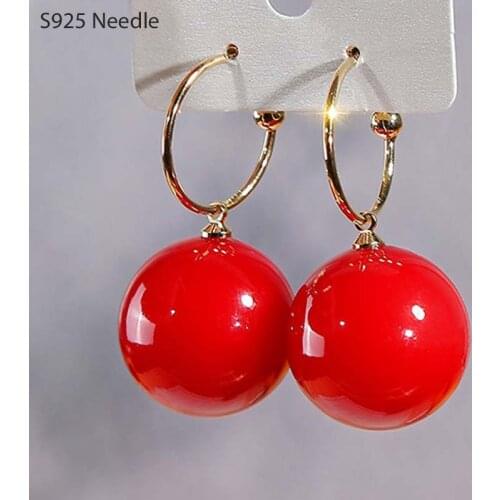 Real 925 Sterling Silver Needle Hoop Earrings for Women Jewelry Gold Red Pearl Wedding Party Female Round Ball Earrings