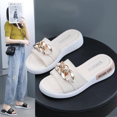 Slippers Women 2021 New Korean Fashion Chain Flat-bottomed Casual Beach Sandals Elastic Womens Shoes