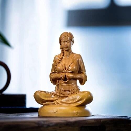 10cm Boxwood Home Decor Meditation Girl Wood Statue Beauty Figure Statue Chinese Folk Traditional Crafts Wood Sculpture