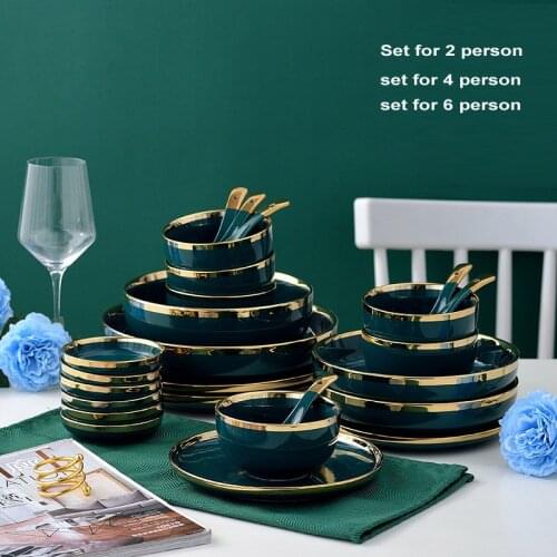 Gold Inlay Plate Nordic Style Tableware Green Ceramic Steak Food Plate Salad plate Dessert Dish Dinner Dish Dinnerware Set
