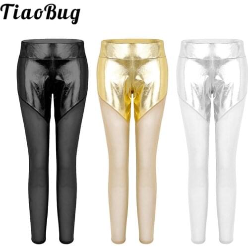 TiaoBug Shiny Metallic Mesh Splice Workout Yoga Ballet Gymnastics Leggings Pants Tights Gym Fitness Trousers Women Dance Wear