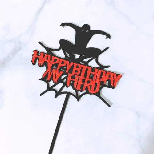 New Red Happy Birthday My Hero Acrylic Cake Topper Black Super Man Cupcake Cake Topper for Kids Birthday Party Cake Decorations