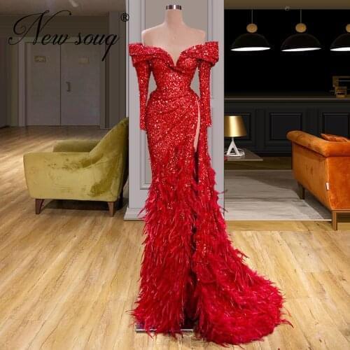 Red Fabric Formal Gown Dubai Design Glitter Feathers Evening Dresses 2020 Custom made Off The Shoulder Women Gowns Middle East