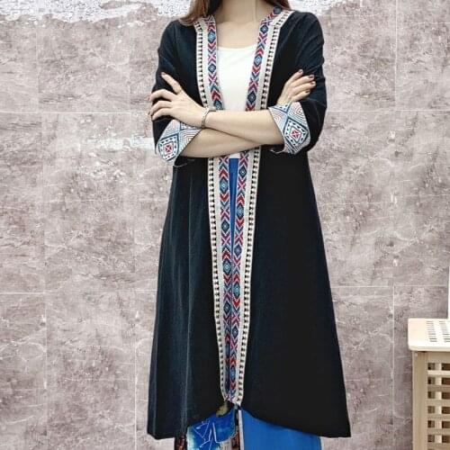 Cotton and Linen Windbreaker Womens Mid-length Embroidered Ethnic Wind Blouse Cardigan Trench