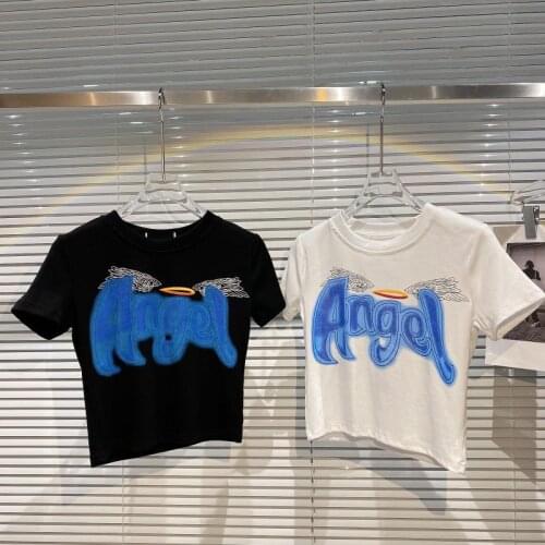 European Summer New Angel Wings Graffiti Slim O Neck Short-sleeved Short T-shirts Women Tops Fashion Streetwear 2021