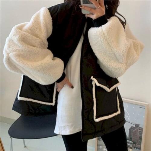 2021 Autumn Winter Lamb Wool Stitching Jacket New Korean Style Loose Fashion Top Women Clothing Oversize Clothes Goth Harajuku