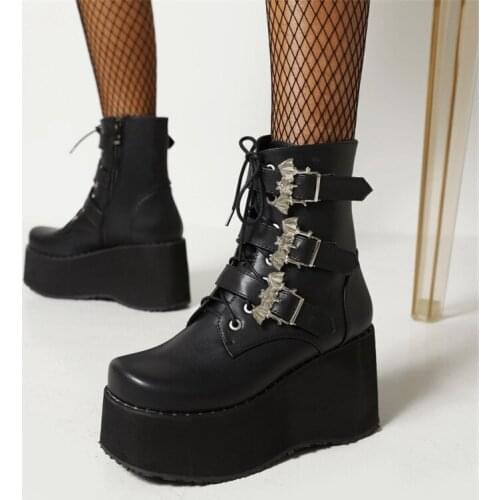 PXELENA Gothic Style Metal Buckle Platform Motorcycle Combat Martin Boots Women Wedge High Heels Thick Sole Creepers Size 35-48