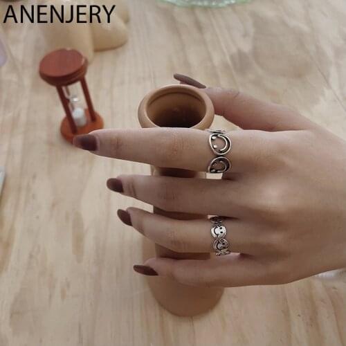 ANENJERY 925 Sterling Silver Smiling Face Rings Female Retro Chain Shape Combination Rings Party Jewelry Wholesale