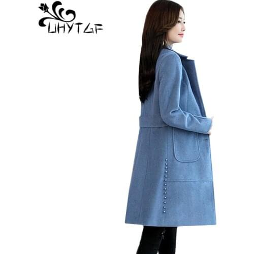 UHYTGF coat women fashion quality Spring autumn wool coats female Mid-length lapel casual warm plus size jacket abrigo mujer1111