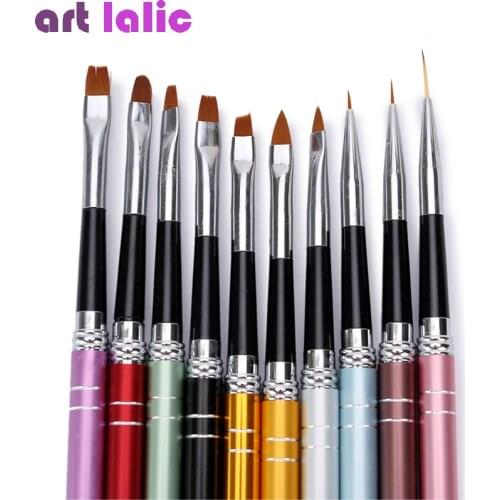 10Pcs/lot Nail Art Brush Set 10 Colors Different Sizes Copper Handle Design Polish Nylon UV Gel Painting Nail Brushes