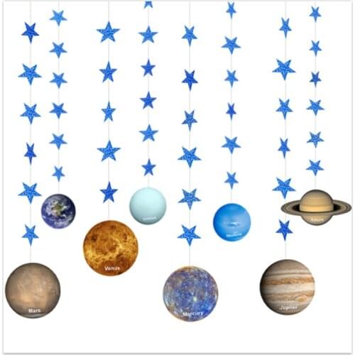 8Pcs Glitter Paper Blue Star Planets Garlands String Chain Wall Hanging Outer Space Earth Themed Boy Birthday Party Decorations