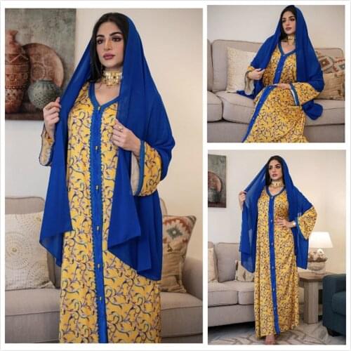 AB040 Luxury Dress Abaya Soiree Yellow Muslim Woman Hijab Set Arabic Clothing World Apparel Store Blue Turkish Hijab Scarves