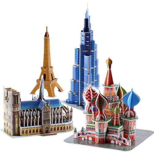 Architecture 3D Cardboard Puzzle Toys Notre Dame de Paris Eiffel tower Vasily Cathedral World Famous Architectural Model Toy YP