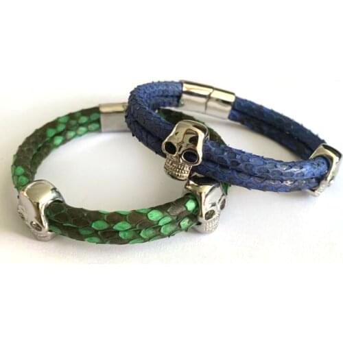 BC Bracelet Mens Double Python Skin Leather Bracelets for Men Leather with Stainless Steel Skull Buckle Bracelet