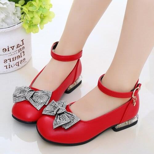 Red black Children Leather Shoes Kids rhinestone Girls Princess Shoes For Party Wedding Big Girls Dress Shoes chaussure fille