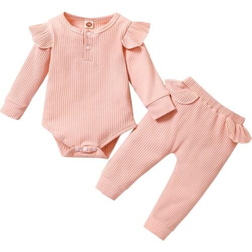 Childrens Clothing Set 2021 Casual Knitted Cotton Solid Color Long Sleeve Romper Elastic Waist Pants Baby Girl Clothes 0-24M