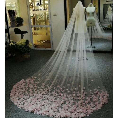Light Pink Cathedral Wedding Veil with Lace Floral Appliques Vestido De Noiva Longo Custom Made Bridal Veil