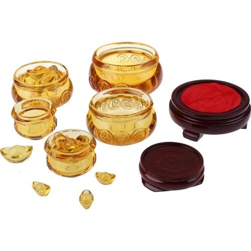 Feng Shui Chinese Crystal Gold Ingots Wealth Treasure Bowl Statue Decoration