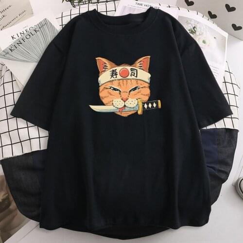 Catana Knight Sushi Cat Womens T-Shirt Hip Hop Casual Tshirts 2021 Harajuku Trendy T Shirts Summer Black Tees For Women 2021