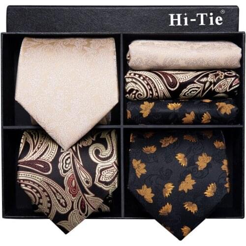 Hi-Tie New Design Gift Box Black Luxury Mens Tie Set Silk Necktie Ties For Men Hanky Cufflinks Set For Wedding Free Shipping