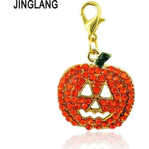 JINGLANG Fashion Charms With Lobster Clasp Orange Rhinestone Pumpkin Mask DIY Halloween & Christmas Decoration Gift Jewelry