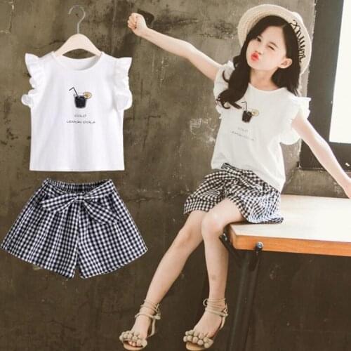 DFXD Summer Girls Outfits Fashion 2pc Girl Clothing Set Sleeveless Print Vest Top+Plaid Shorts Big Girl Clothes For 3-12Years