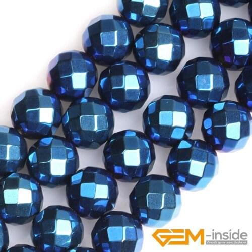 12mm-15mm Blue Metallic Coated Round Shape Faceted Magnetic Hematite Loose Beads For Jewelry Making Strand 15" Wholesale