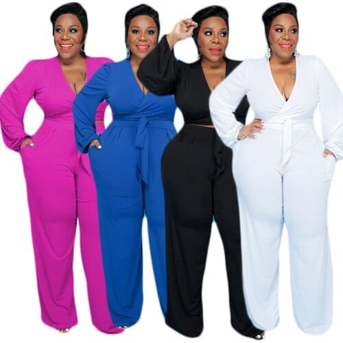 Hot Selling Women Sexy V-neck Two Piece Sets 2021 Autumn Lace-up Tops High Waist Loose Pants Solid Color Plus Size Outfits