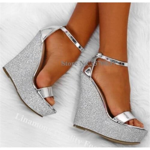 Linamong Bling Bling Silver Sequined Open Toe High Platform Wedge Sandals One Strap Super High Wedges Formal Wedding Dress Shoes