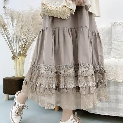 Mori Girl Style Retro Pure Cotton Multi-layer Summer Lace Elastic Waist Loose Cake Skirt Lolita Petticoat Casual Midi Skirt Saia