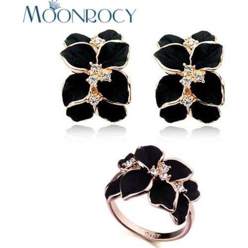 MOONROCY Free Shipping fashion rose Gold Color Earrings and Ring crystal black flower Jewelry Set for women