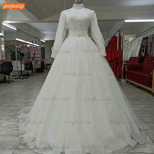 Muslim High Neck Wedding Gown Lace Up Arabic Vestido Novia Long Sleeves Tulle Ivory Bridal Dresses Court Train 2021 Trouwjurk