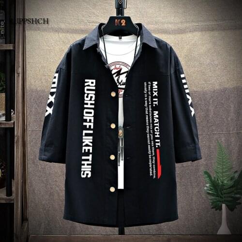 2021 Harajuku Mens Shirt Casual Shirt Loose Summer Rejection Collar Printing Five-Point Sleeve Shirt Mens Top New White Black