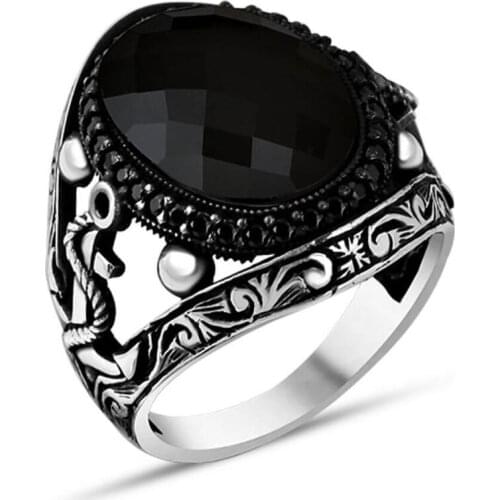Men Silver Ring With Big Black Zircon Stone and Anchor Motif Modern Gifts Made In Turkey Solid 925 Sterling Silver
