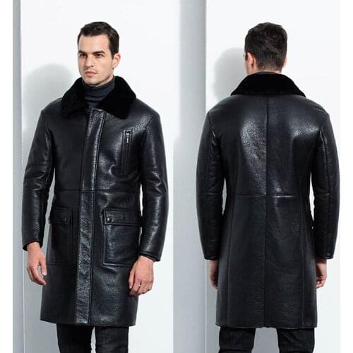 2020 New Men Medium Long Black Real Fur Coat Winter Thicken Slim Natural Sheepskin Fur Shearling Clothing Fur Outerwear