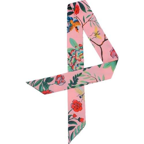 POBING New Design Bird Floral Print Silk Scarf Women Head Scarf Brand Small Tie Handle Bag Ribbon Long Scarves Wraps 100*5CM