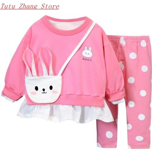 New Cute Cartoon Dot Baby Girl Spring Clothing Set O-neck Long Sleeve Toddler Kid Shirt + Pants 1 2 3 4 Years Tracksuit