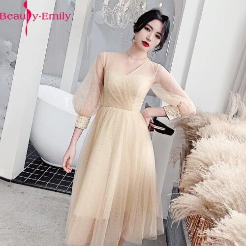 Charming V Neck Three Quarters Sleeve Prom Dresses 2020 Fashion Illusion Sequined Tulle A-line Tea-length Lady Cocktail Dress