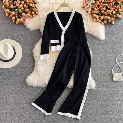 Fall Winter Small Fragrance 2 Piece Set Women Long Sleeve Knitted Cardigan Crop Top + Wide Leg Pant Suits Casual Two-Piece Suit