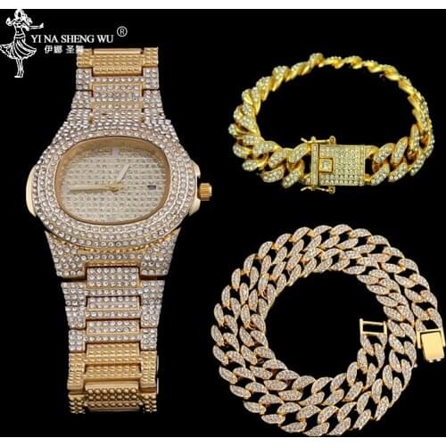 Gold Color Necklace +Watch+Bracelet Hip Hop Miami Curb Cuban Chain Iced Out Paved Rhinestones CZ Bling Rapper For Men Jewelry