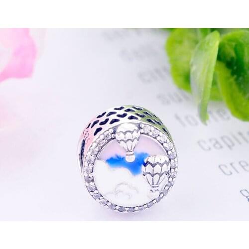 925 Sterling Silver Pink Lampwork Hot Air Balloon Sky Bead Fit Original Pan Charm Bracelet Making Travel Life Cloud Berloque