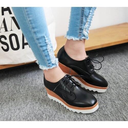 SAMSACQ 2020 Spring Autumn Fashion Women Genuine Leather Casual Lace-up Platform Wedges Pumps Lady Heels Fall Shoes