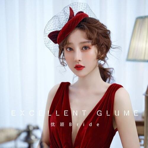 2020 WIne Red Velvet Bow Fascinator Hat Headwear For Women Black Face Veil Mini Wedding Party Chruch Hat Bride Hair Accessories