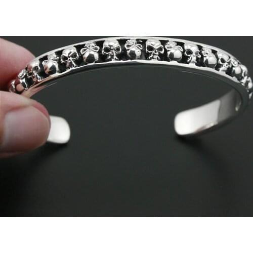925 Sterling Silver Skulls Bangle Mens Biker Rokcer Punk Bangle 9A010 Fit 6.3 ~ 7.2 inches Wrist