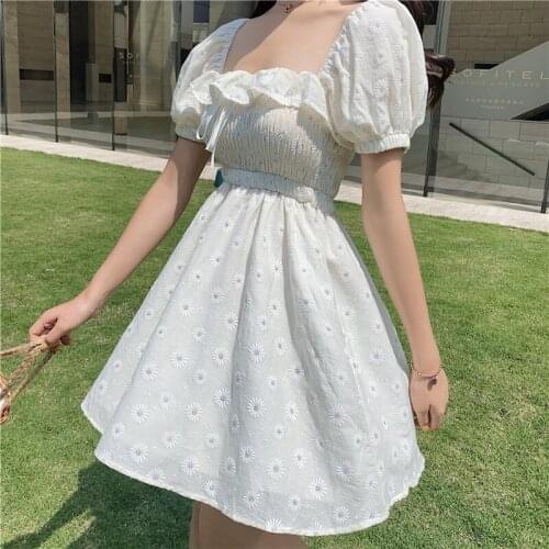 Daisy Embroidery Floral Dress Summer Women High Waist Slim Lace Puff Sleeve Dress Cottagecore Sweet Short Sleeve Dress Girl Cute